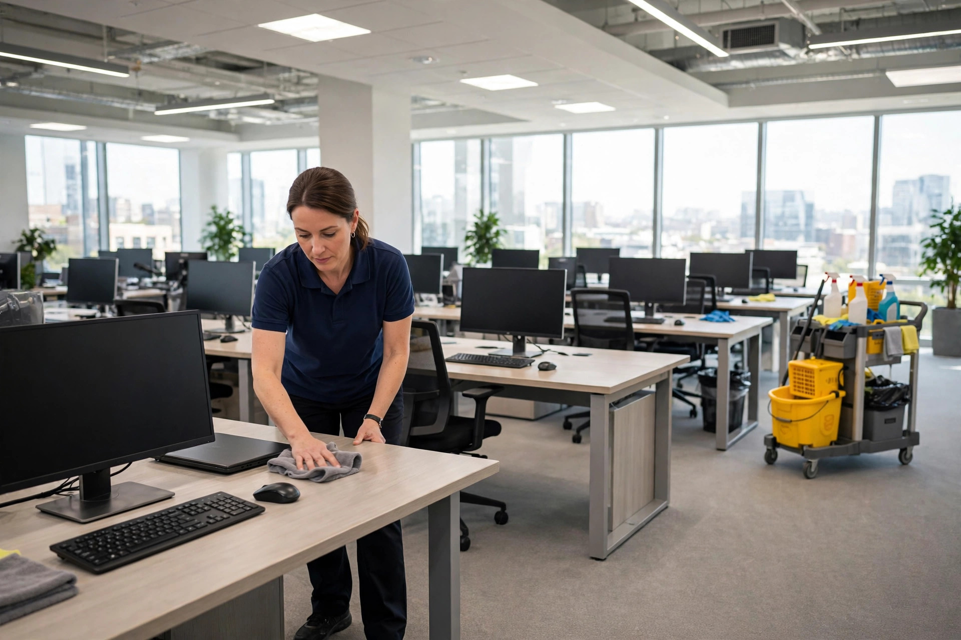 Professional cleaner wiping down a desk in a bright Orlando office