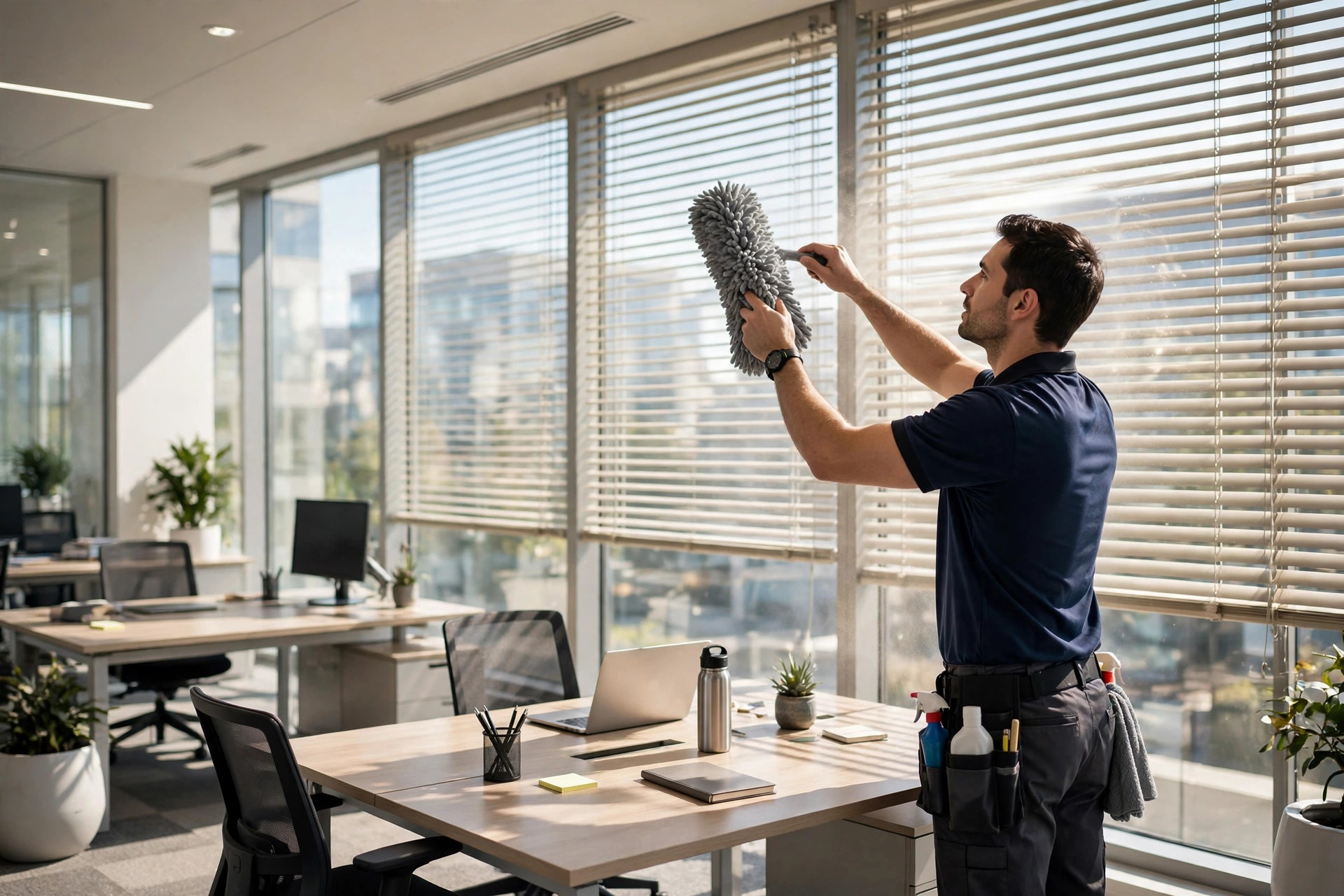 Cleaner dusting office window blinds with a microfiber duster in a sunny Orlando office