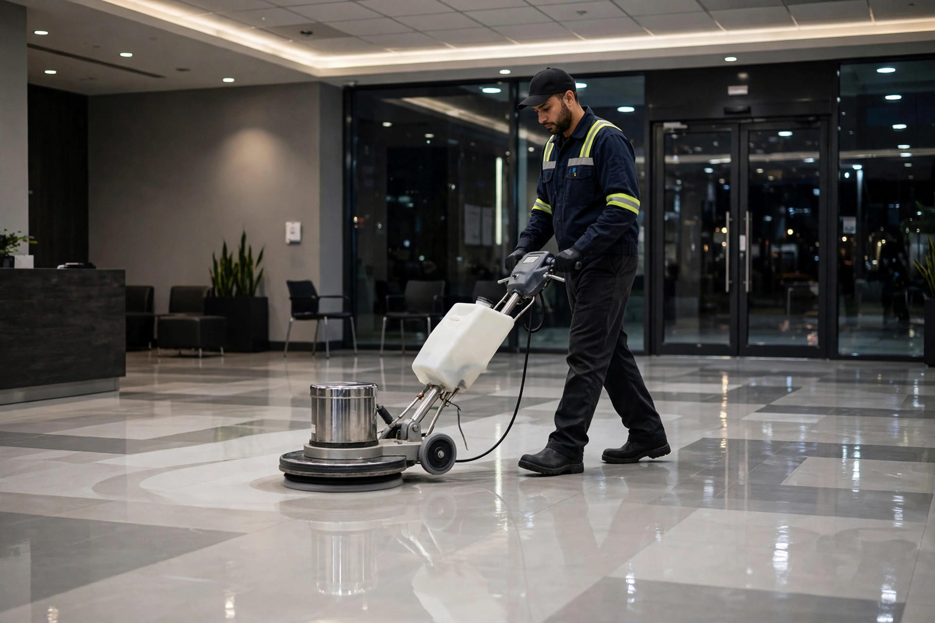 Worker polishing an office lobby tile floor with a floor buffer at night in Orlando