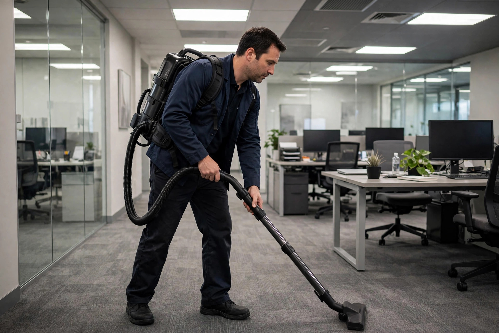 Janitor vacuuming office carpet with a commercial backpack vacuum in Orlando